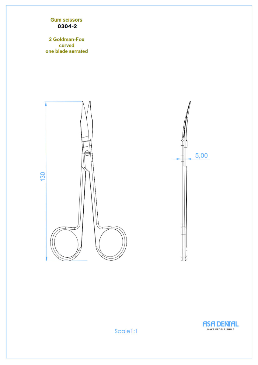 Стоматорг - Ножницы для десны изогнутые, зубчики на одном лезвии, узкие лезвия 13 см.