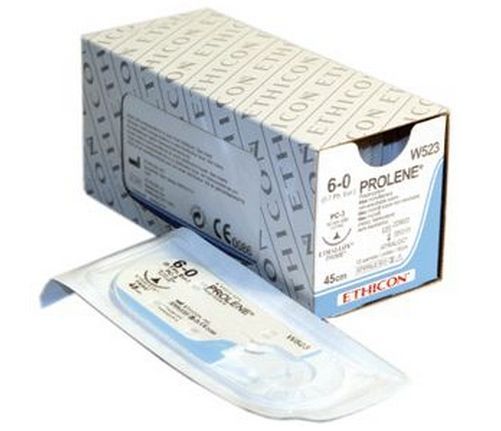 Стоматорг - Шовный материал Пролен 6/0, игла режущая 16 мм, окружность 3/8, нить 45 см синяя 12 шт/упак