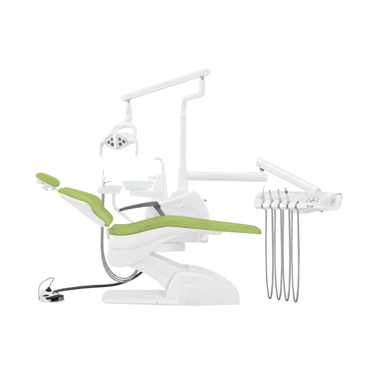 Установка стоматологическая QL2028 (Pragmatic) с нижней подачей со скайлером с мягкой обивкой цвет МО7 зелёный КОМПЛЕКТ 2 СТУЛА - Fengdan