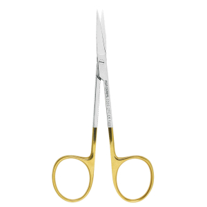 Стоматорг - Ножницы для десны изогнутые по плоскости с твердосплавными вставками и золотистыми ручками,11 см.